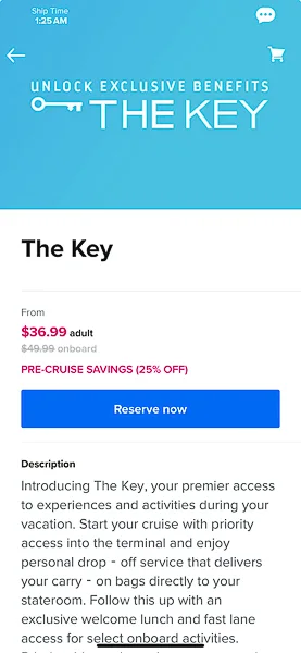 Screenshot of Royal Caribbean's 'The Key' add-on details, showing the discounted pre-cruise price of $36.99 per adult, with a regular onboard price of $49.99. Includes a description highlighting exclusive benefits like priority access, carry-on drop-off, a welcome lunch, and fast-lane access for select activities.