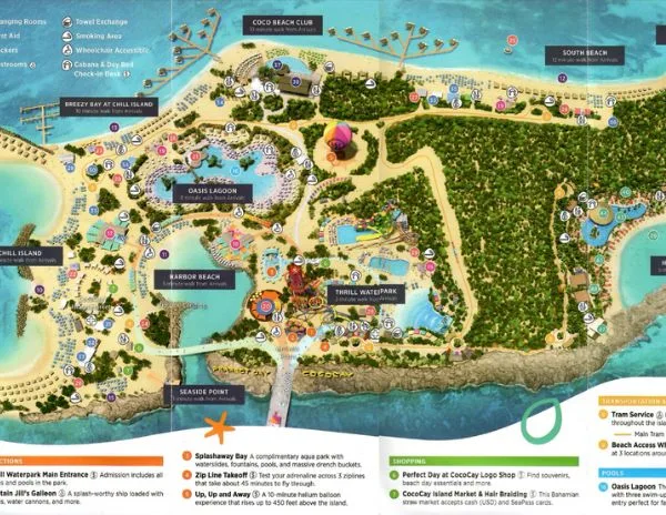 Map of Perfect Day at CocoCay, Royal Caribbean's private island, highlighting beaches, attractions, pools, dining, and amenities for visitors.