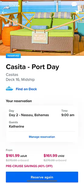 Screenshot showing a discounted casita reservation for a port day on Royal Caribbean’s Utopia of the Seas, priced at $161.99 with 40% off pre-cruise savings.