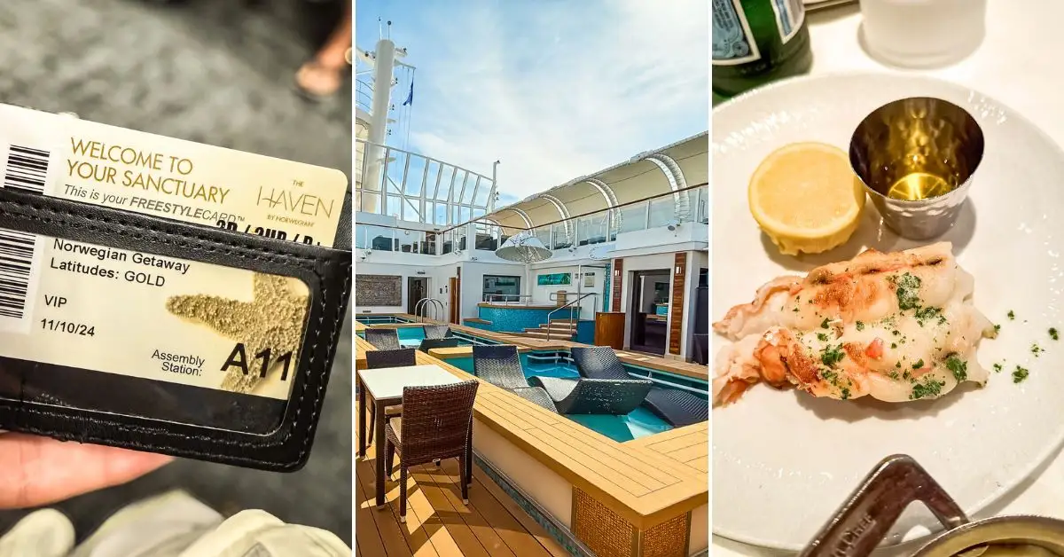 Things to Know About NCL TThings You Should Know About The Haven on Norwegian Cruise Line – A collage showing a Haven keycard, the private Haven pool deck on the Norwegian Getaway, and a lobster dinner.