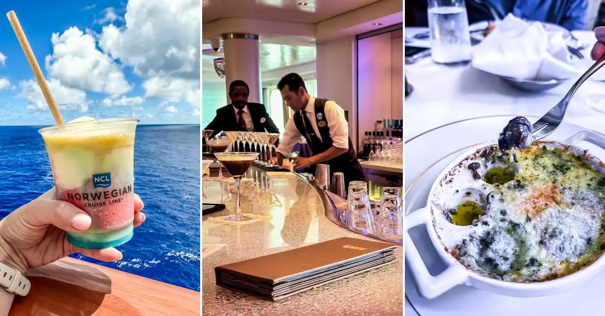 A collage of three images showcasing NCL More at Sea perks. The left image features a hand holding a colorful frozen cocktail with an NCL logo against the ocean. The middle image captures bartenders preparing drinks at a sleek cruise ship bar. The right image shows a dish of escargot in garlic butter at an NCL specialty restaurant, highlighting the dining options included in the NCL More at Sea program.