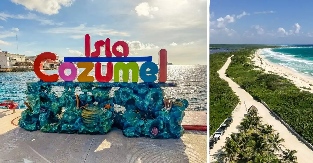 Cozumel Cruise Port Guide featuring a split image of the colorful 'Isla Cozumel' sign at the cruise terminal and a scenic aerial view of Punta Sur Eco Park’s coastline.