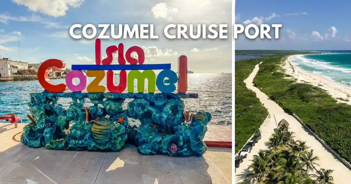 Cozumel Cruise Port guide featuring a split image of the colorful 'Isla Cozumel' sign at the cruise terminal and a scenic aerial view of Punta Sur Eco Park’s coastline.