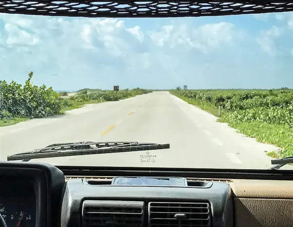 View from inside a Jeep driving along a scenic coastal road in Cozumel during a guided Jeep tour, with lush greenery and an open road ahead.