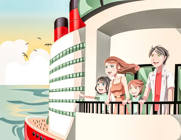 Illustration of a happy family on the balcony of a cruise ship, enjoying the ocean view. Concept related to NCL’s Kids Sail Free and family cruise promotions.