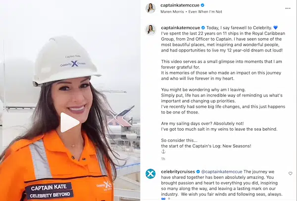 Screenshot of Captain Kate McCue's farewell Instagram post, showing Captain Kate smiling in her Celebrity Beyond uniform and hard hat, alongside her heartfelt goodbye message.